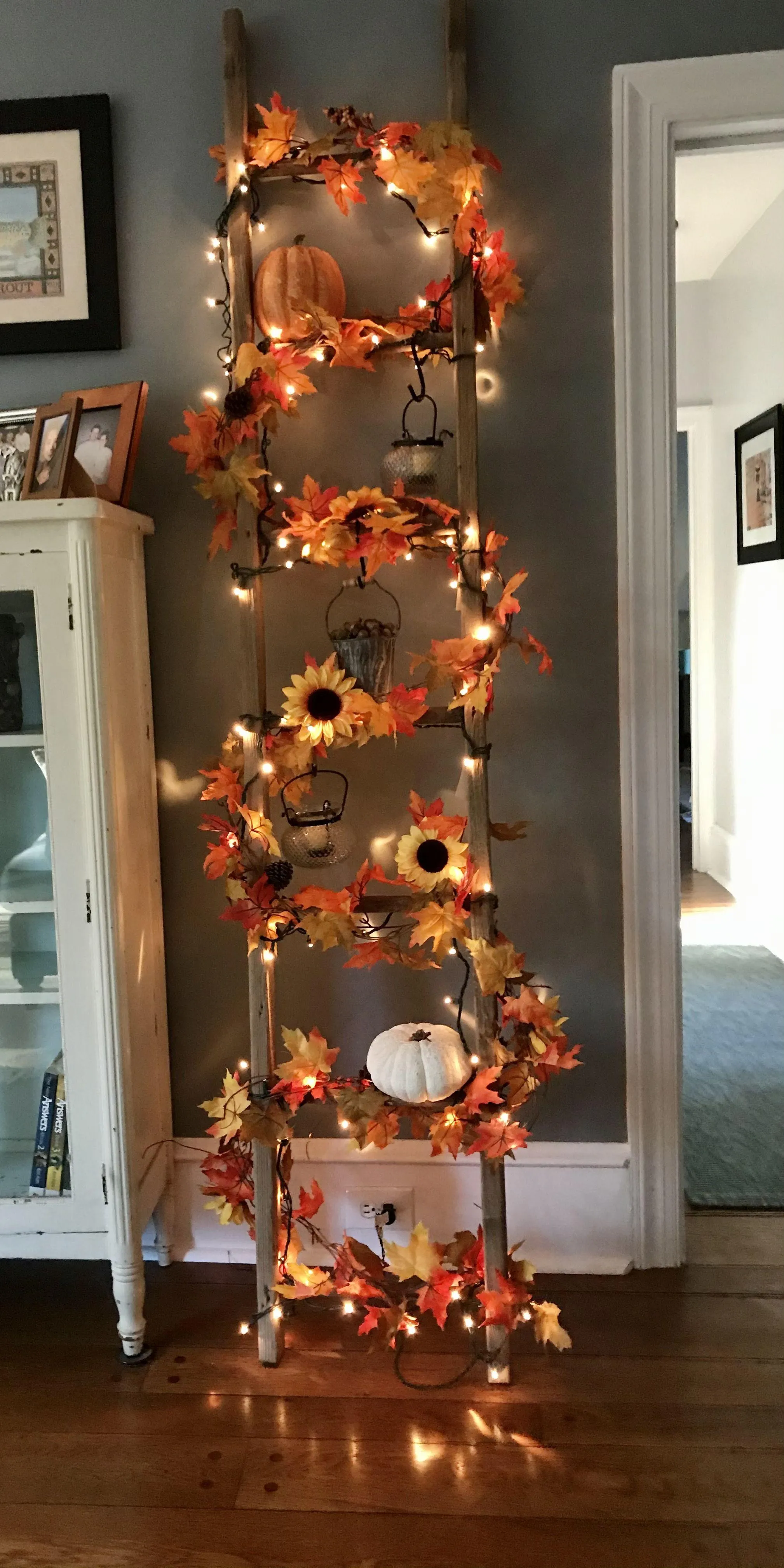 Halloween Decor Ladder with Pumpkins and Lights Indoors