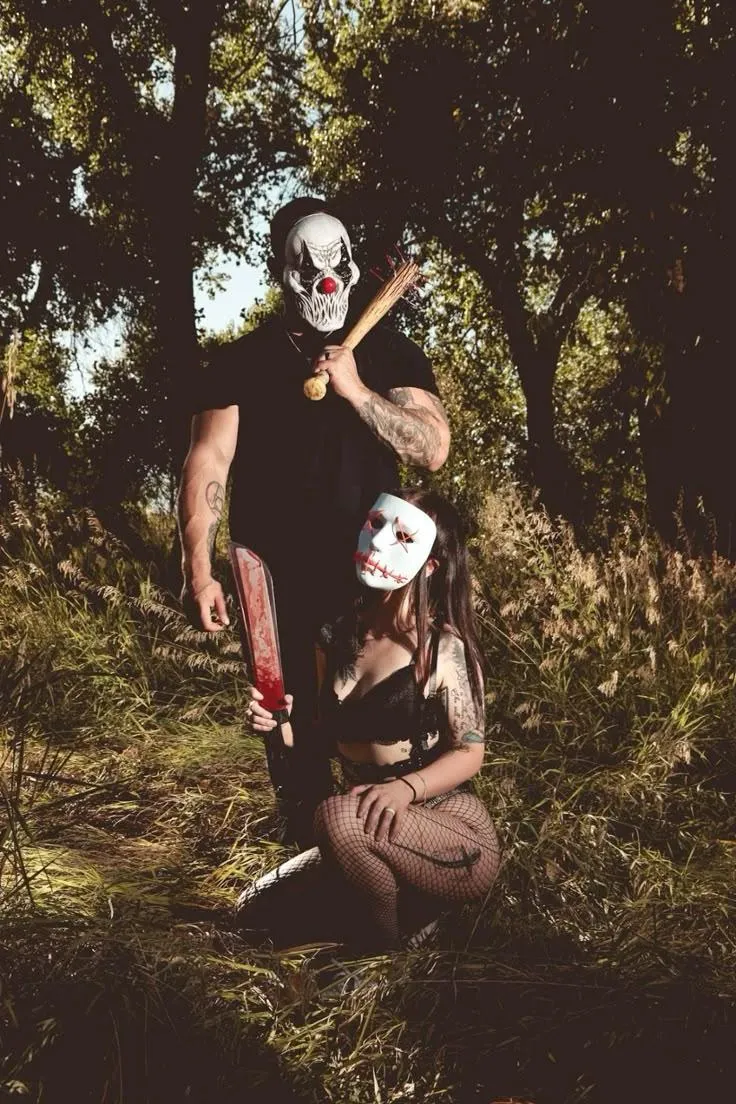 Halloween Duo in Forest with Creepy Face Paint Wallpaper