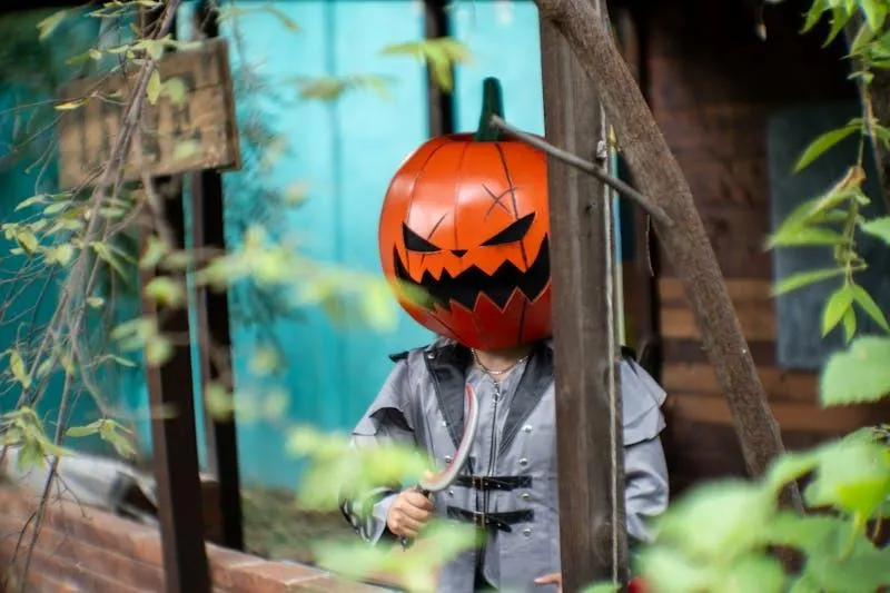 Halloween Festival Child in Pumpkin Head Mask Pose image