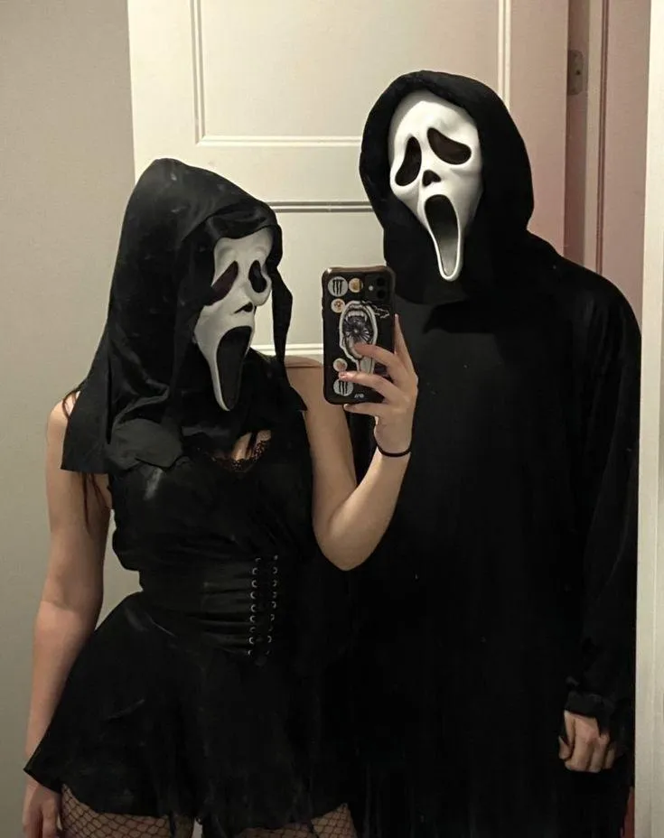 Halloween Festival Couple Wearing Ghost Masks Selfie
