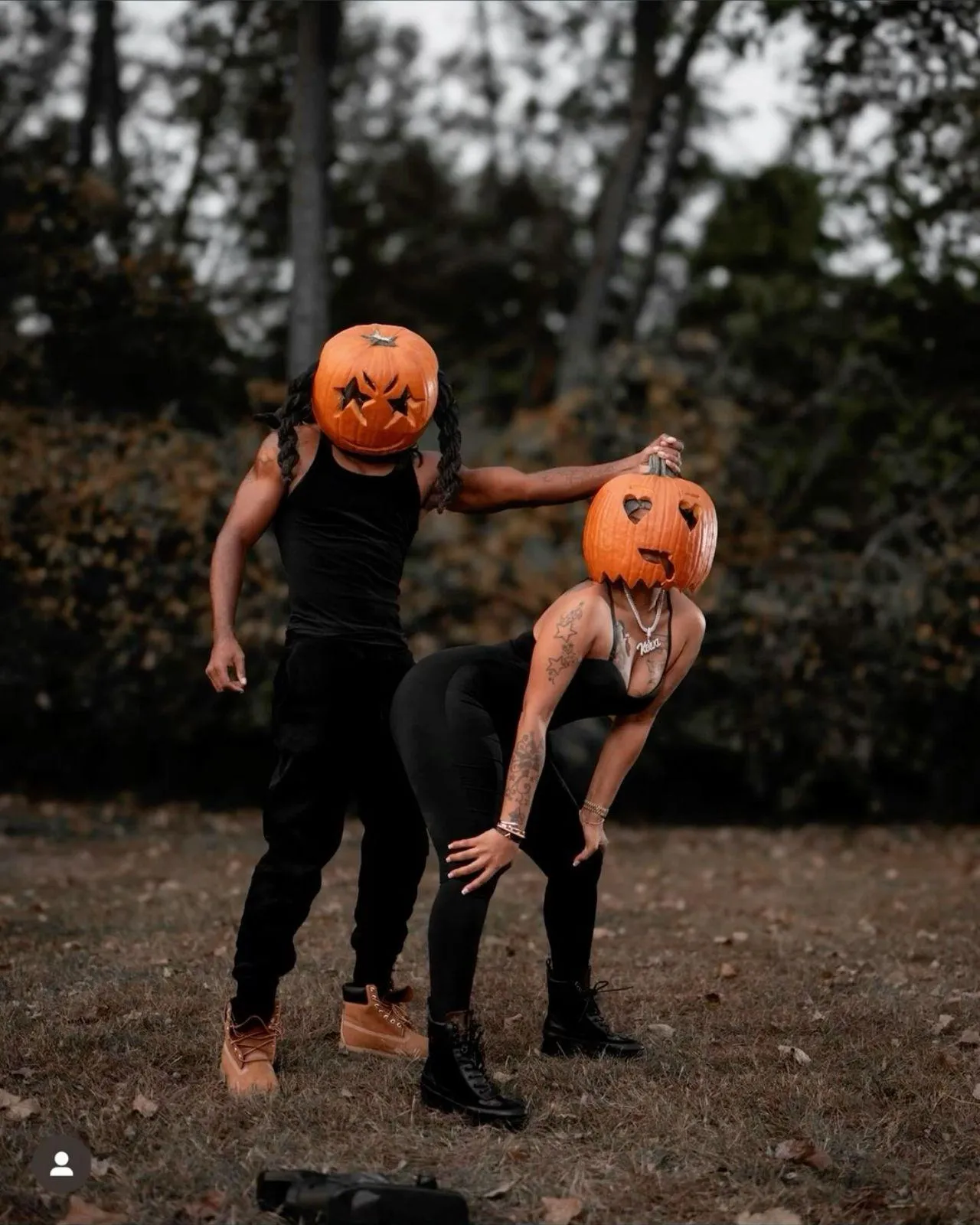 Halloween Festival Fun with Two Pumpkin Head Costumes