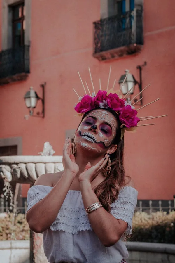 Halloween Festival Girl with Skull Makeup and Flower Crown