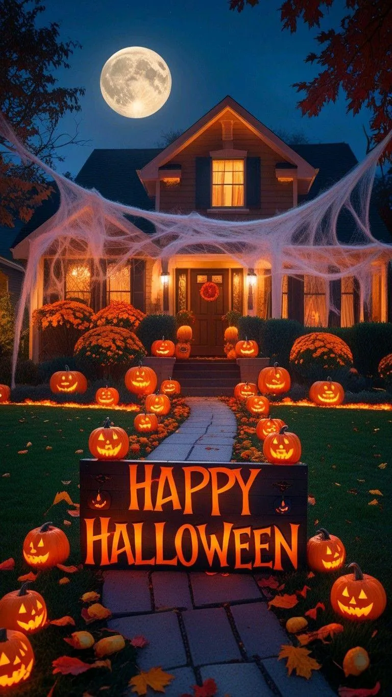 Halloween Festival Night with Decorated House and Pumpkins