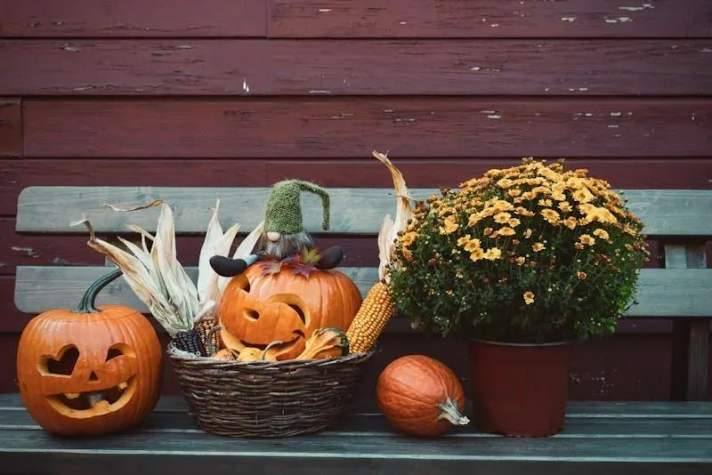 Halloween Front Porch Decoration with Pumpkins and Mums