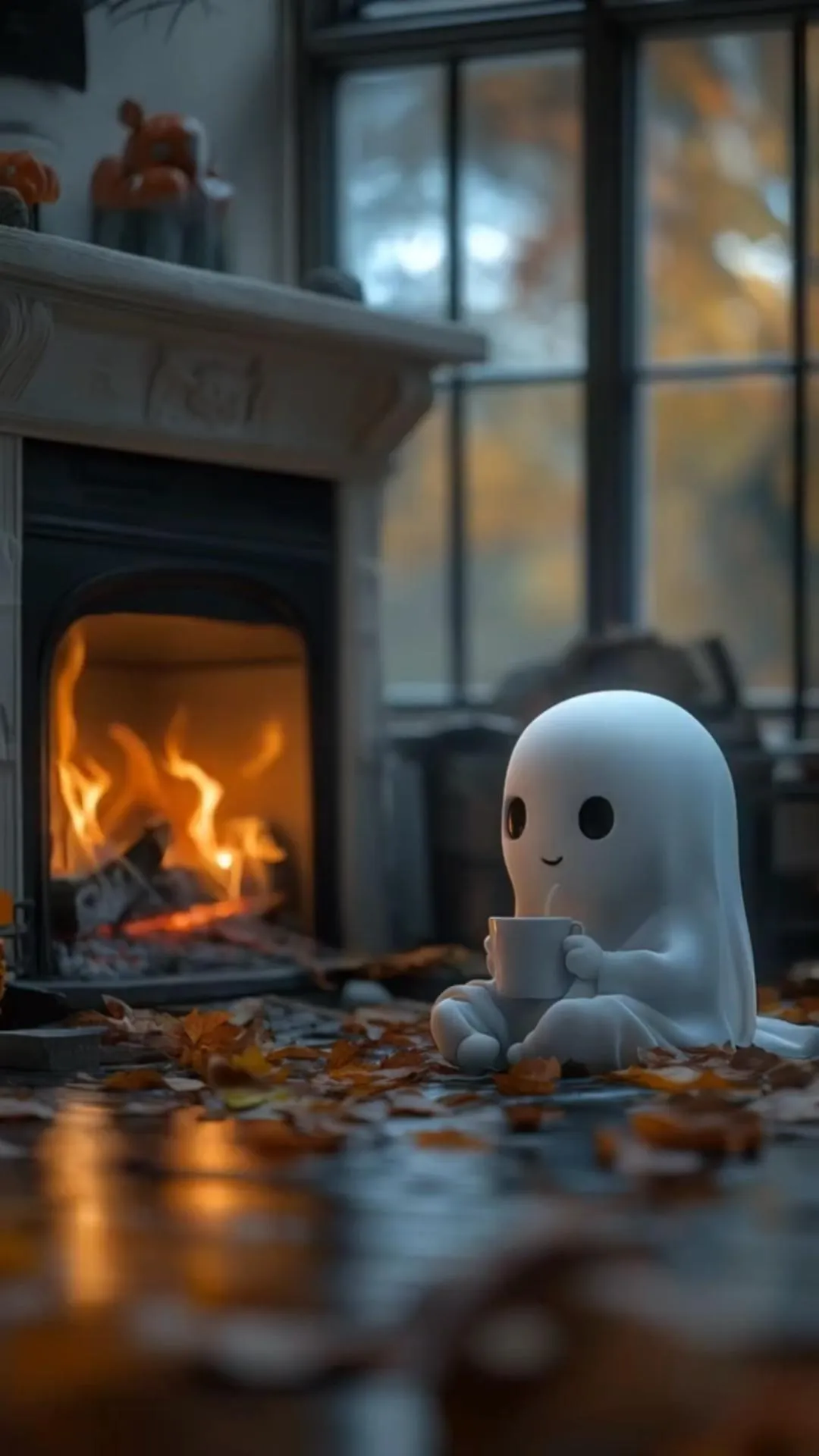 Halloween Ghost Decoration by Cozy Fireplace Scene image