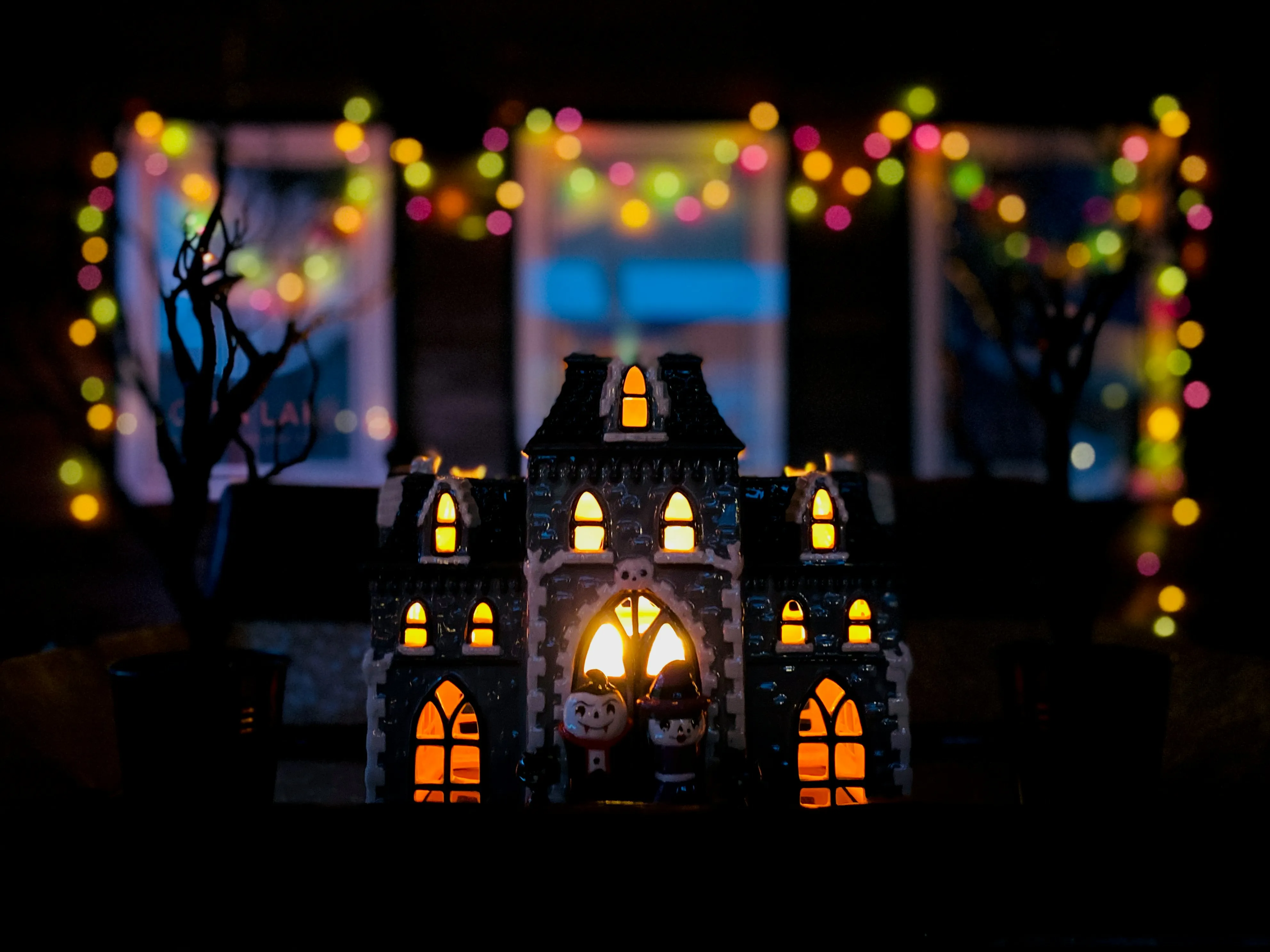 Halloween Haunted House Decoration with Lights Wallpaper