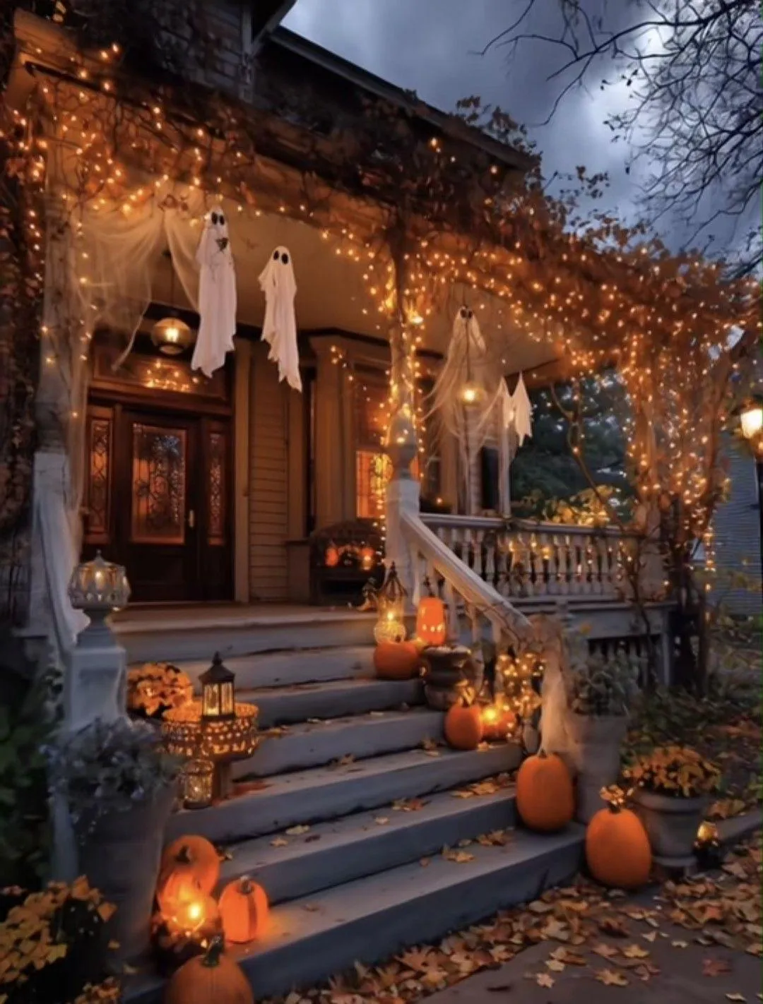 Halloween House Front with String Lights and Pumpkins