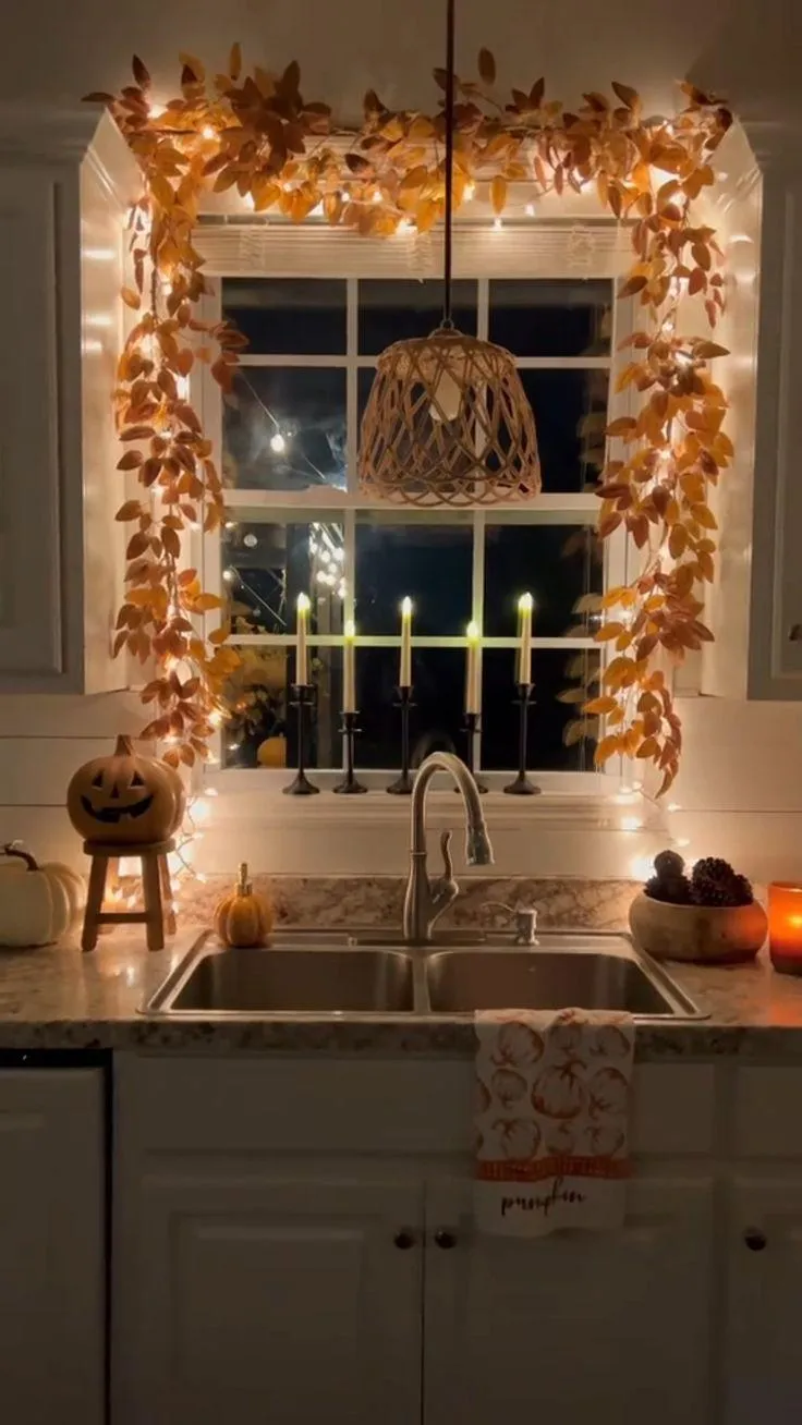Halloween Kitchen Decor with Pumpkin and Garland Lighting