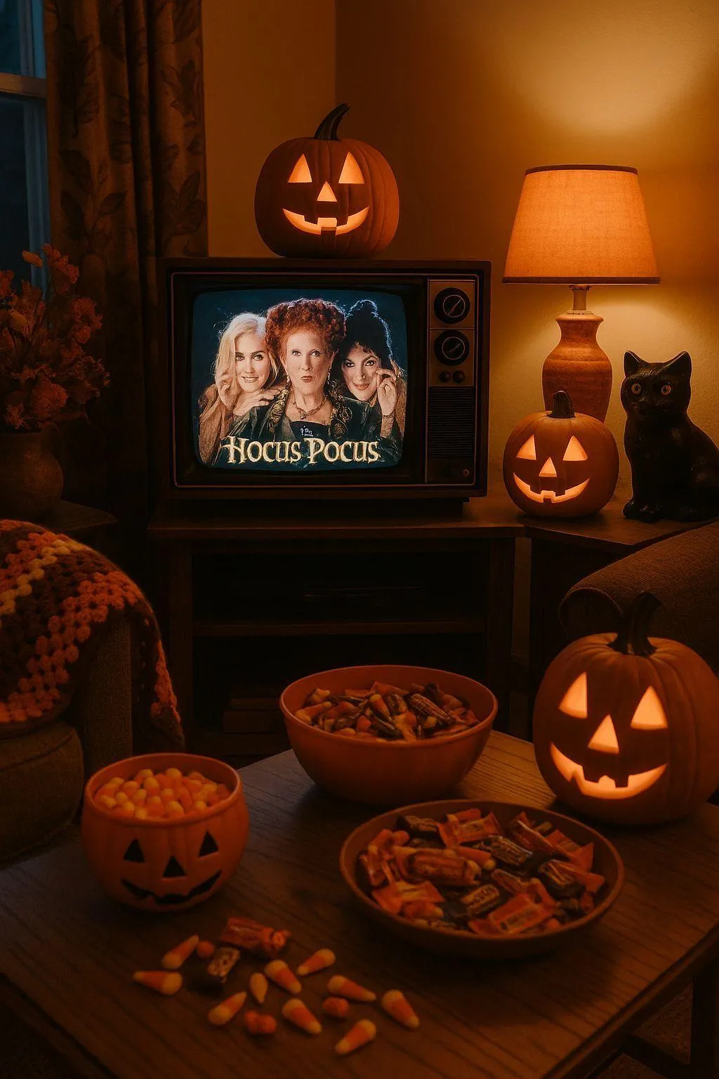 Halloween Movie Night with Pumpkins and Candles Wallpaper