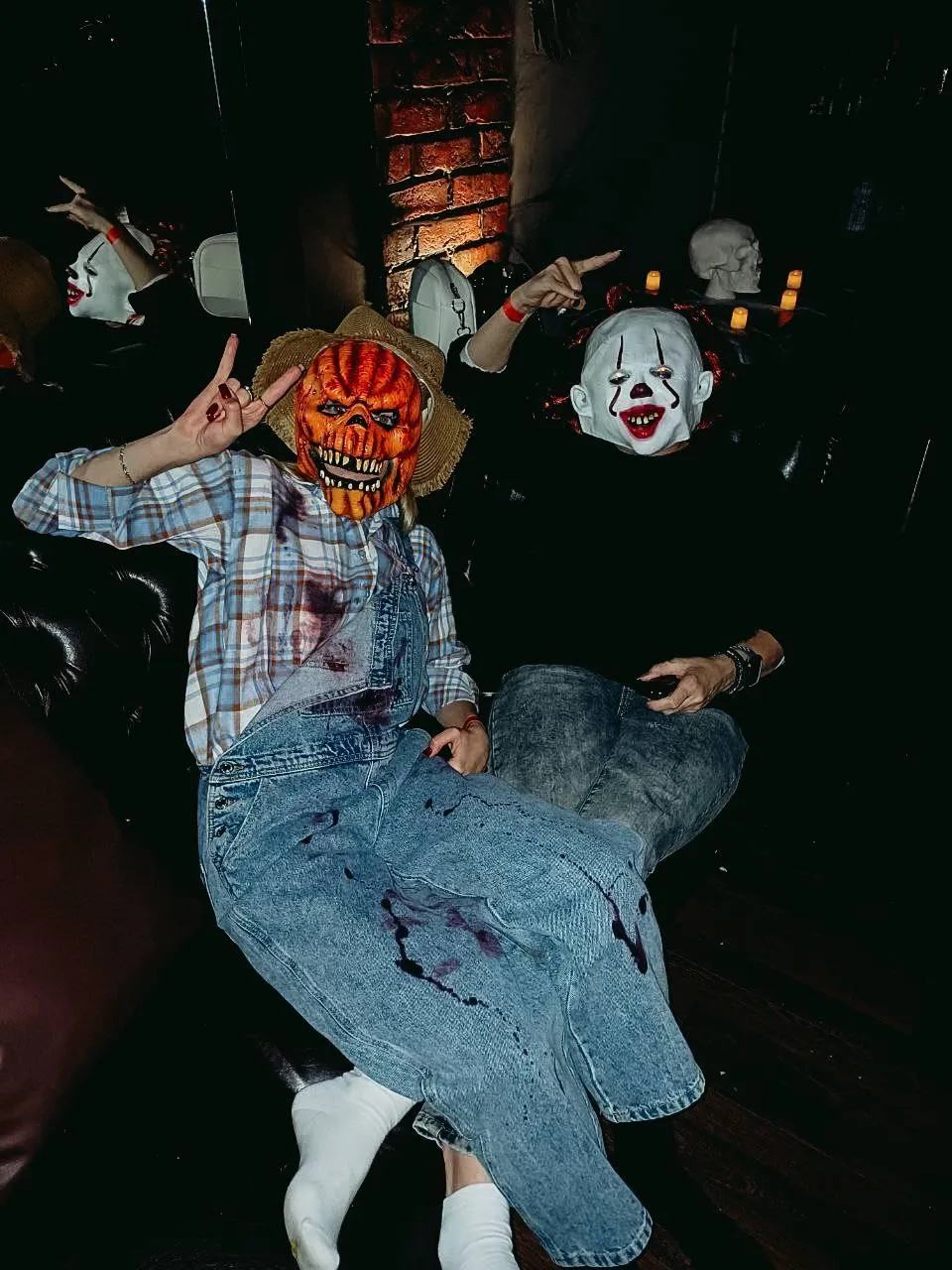 Halloween Night Friends in Creepy Clown and Pumpkin Masks
