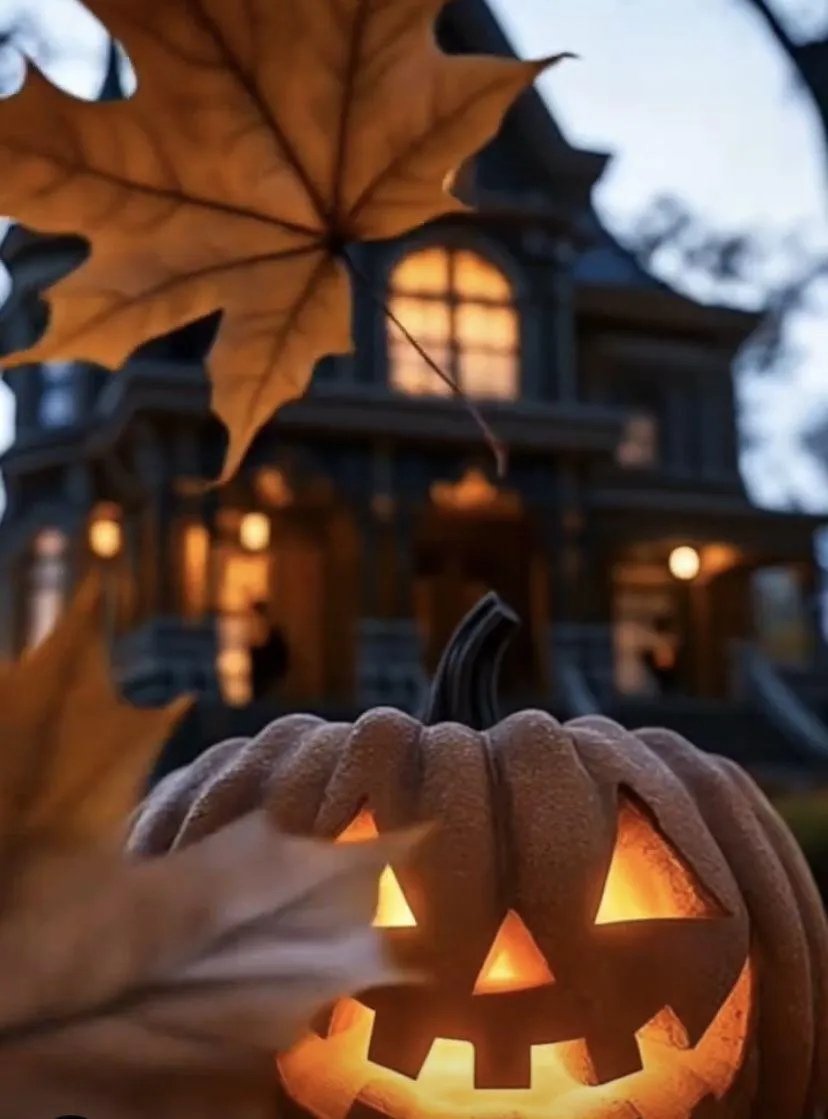 Halloween Night House with Pumpkins Lanterns and Fall Leaves