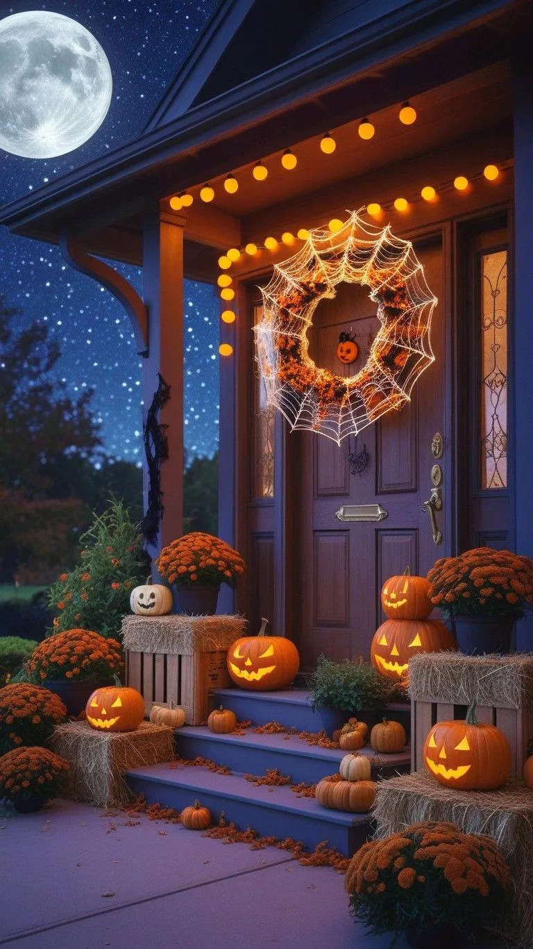 Halloween Night Porch with Lit Pumpkins and Moonlight