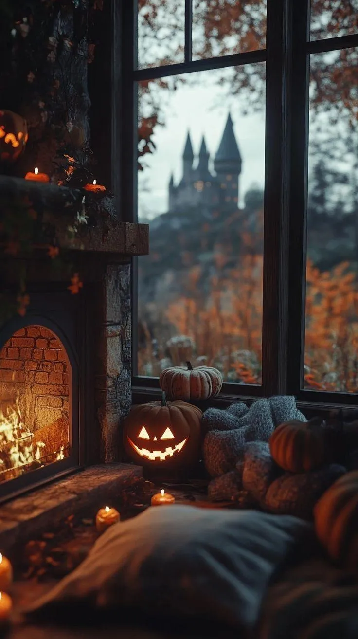 Halloween Night Window Scene with Jack O Lantern Glow HD