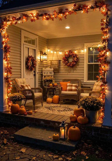 Halloween Porch Decor with Lights and Jack O Lanterns