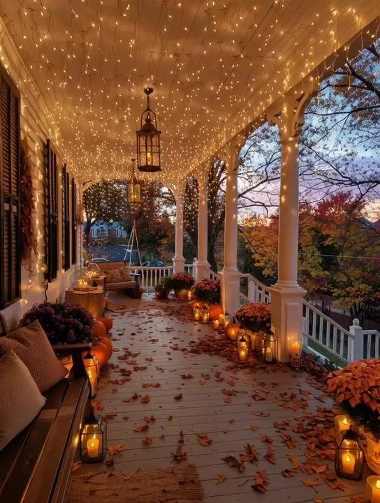 Halloween Porch with Festive Lights and Pumpkin Decoration