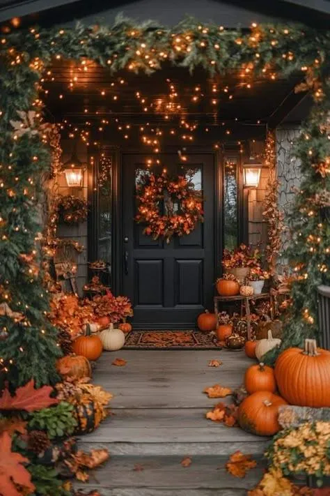 Halloween Porch with Lights Wreath and Pumpkins Wallpaper