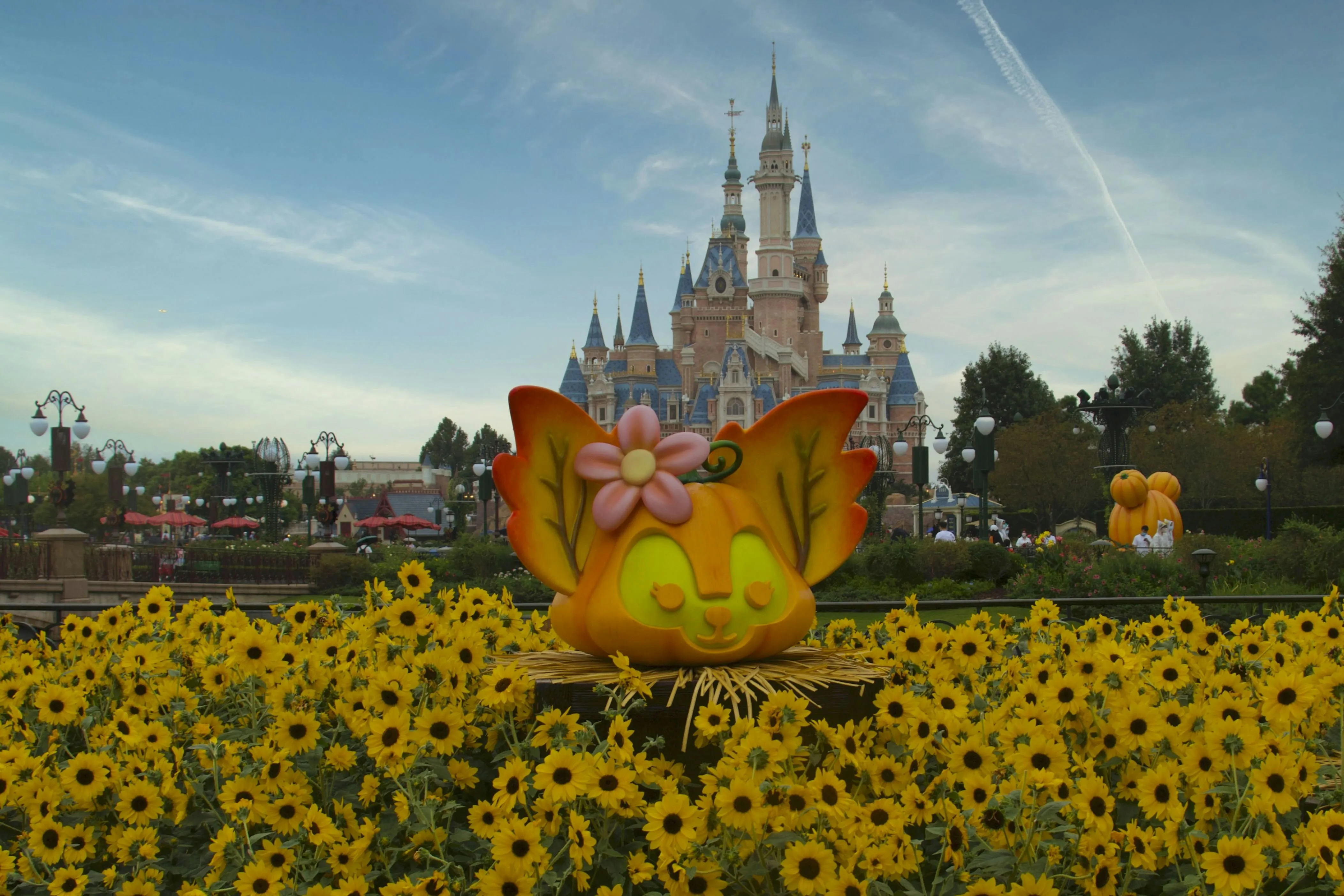 Halloween Pumpkin in Sunflower Field Near Castle Wallpaper