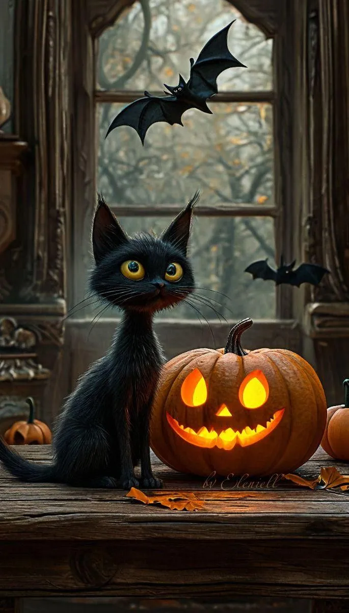 Halloween Pumpkin with Cat and Bat Decoration Wallpaper