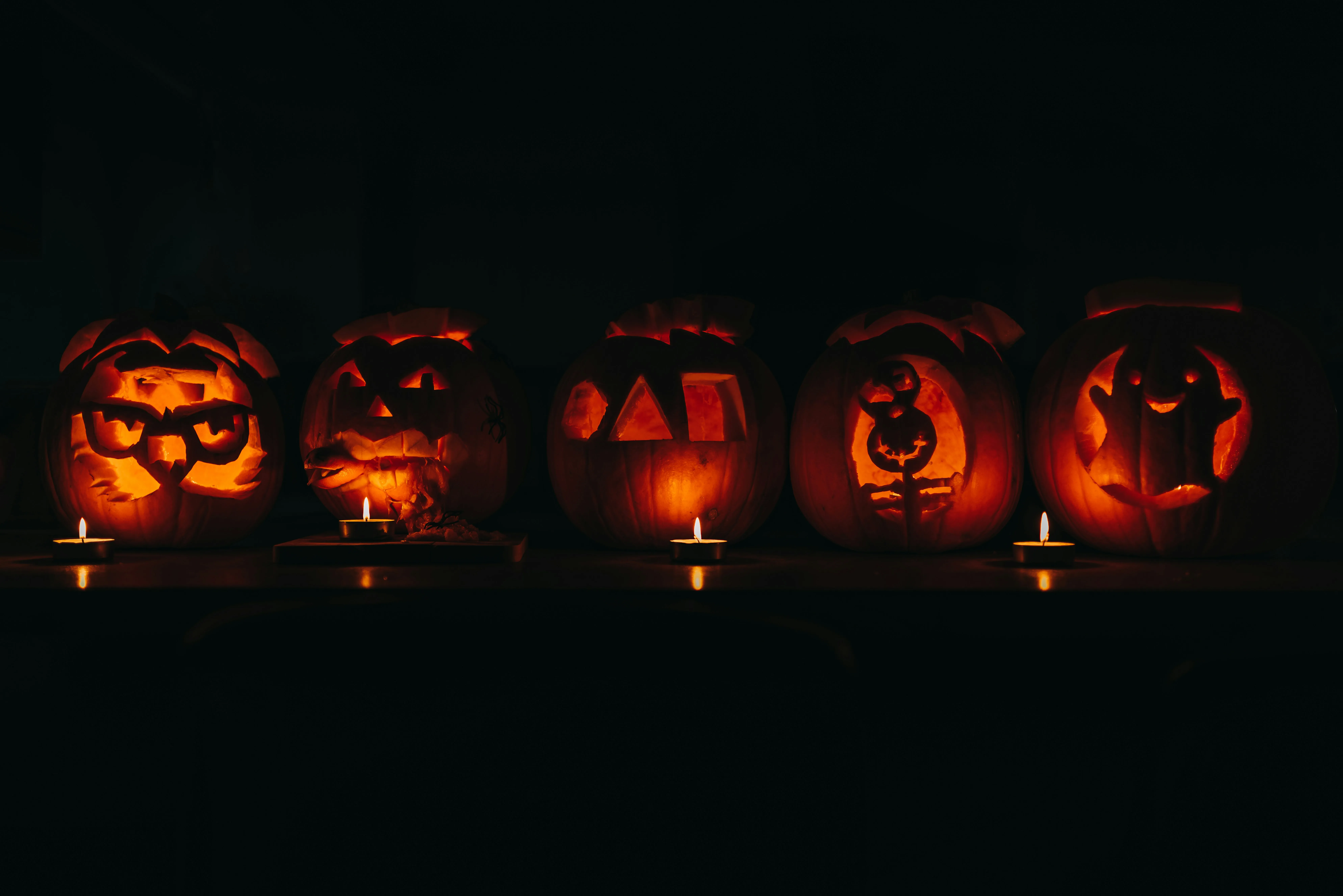Halloween Pumpkins Carved with Various Faces at Night Image