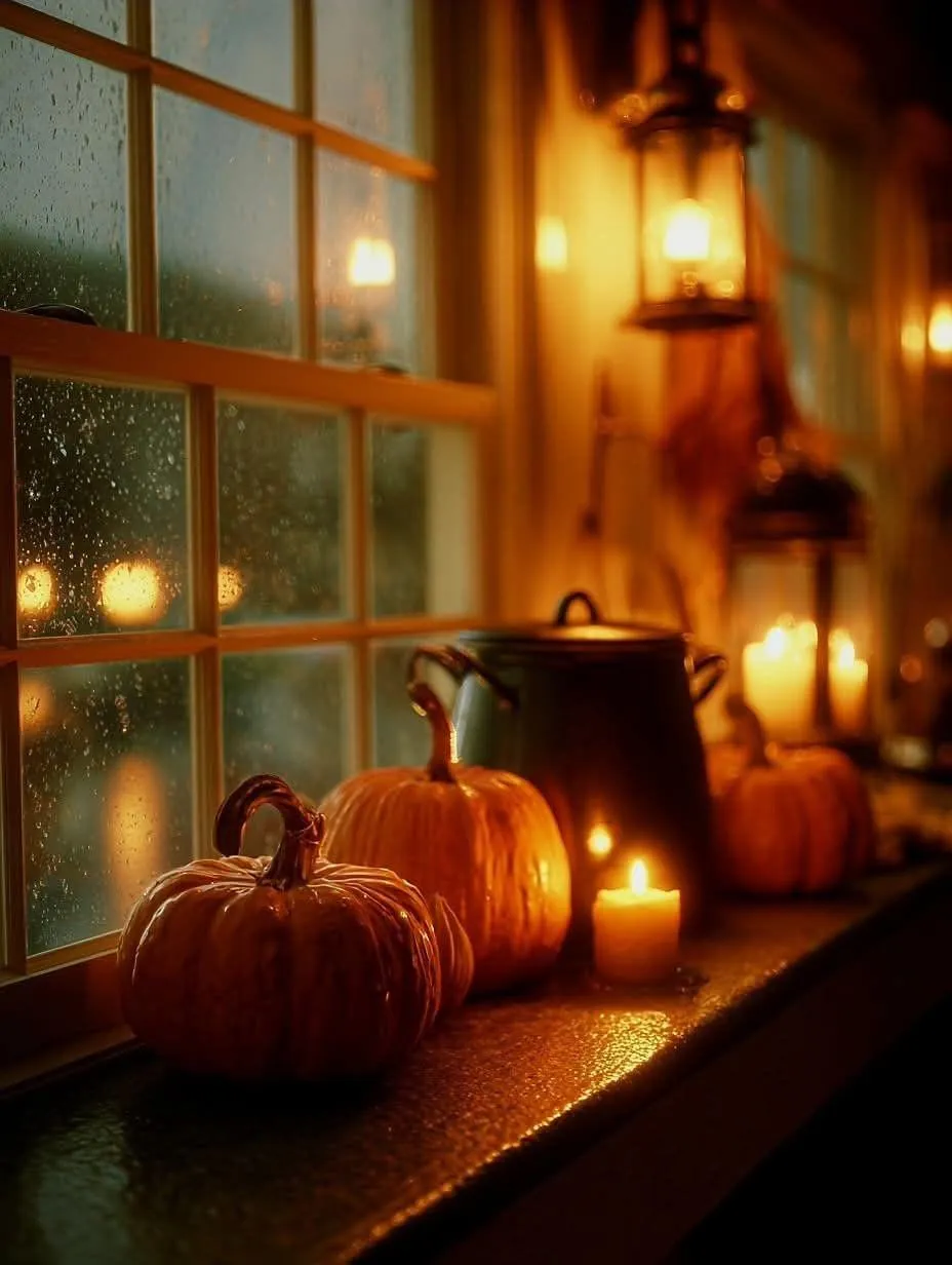Halloween Pumpkins on Window Ledge with Warm Light Wallpaper