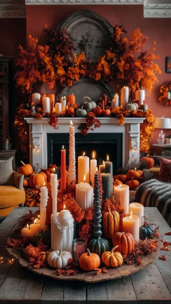 Halloween Table Decor with Candles and Fall Foliage HD