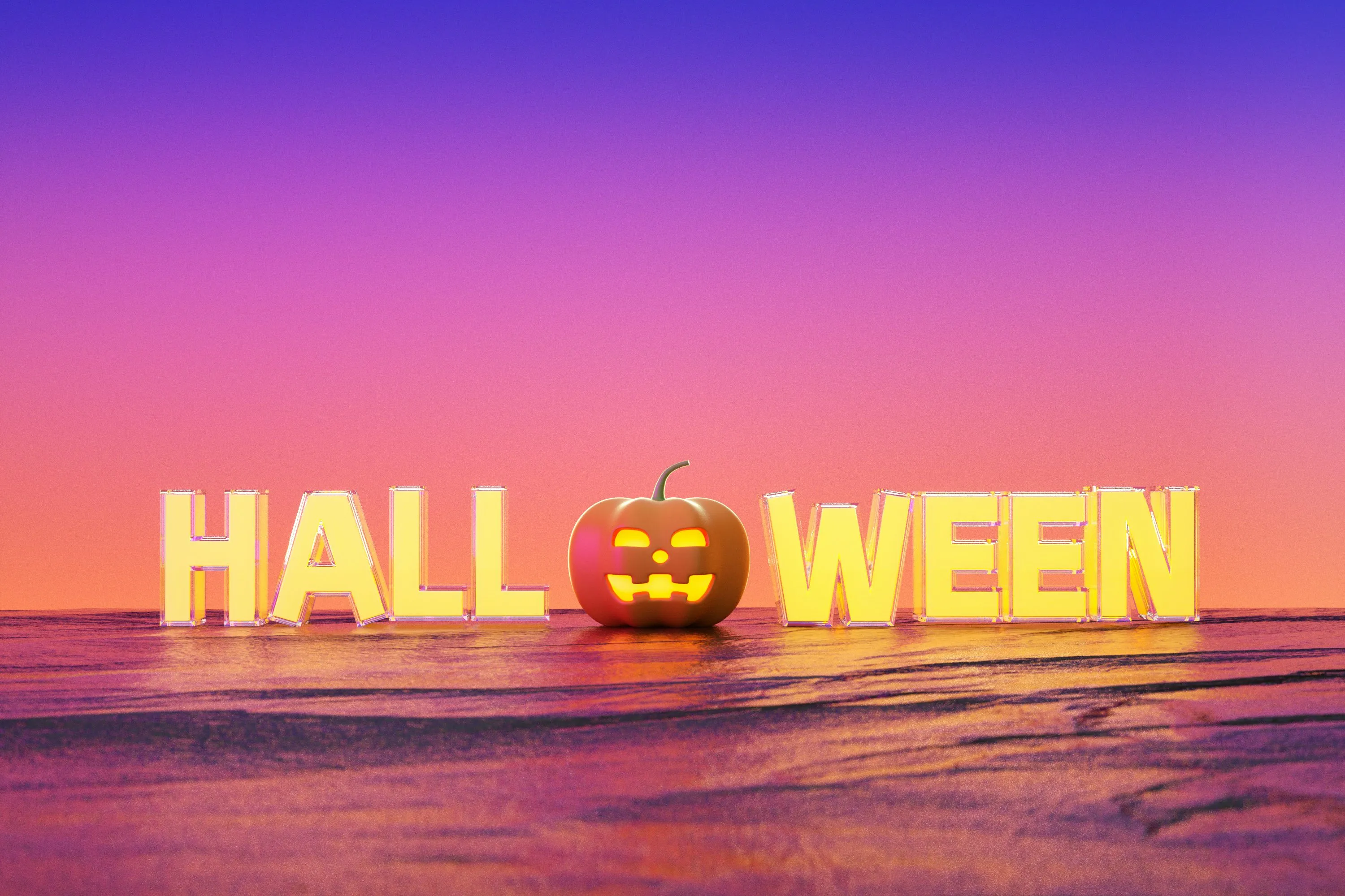 Halloween Text with Pumpkin on Beach at Sunset Wallpaper