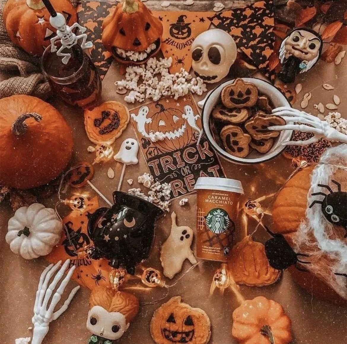 Halloween Treats Flat Lay with Cookies Pumpkins and Candies