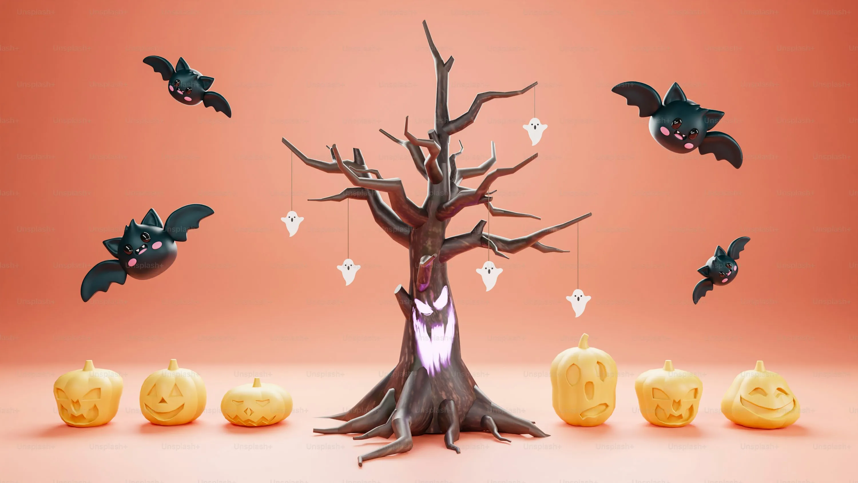 Halloween Tree with Pumpkins Bats and Orange Backdrop