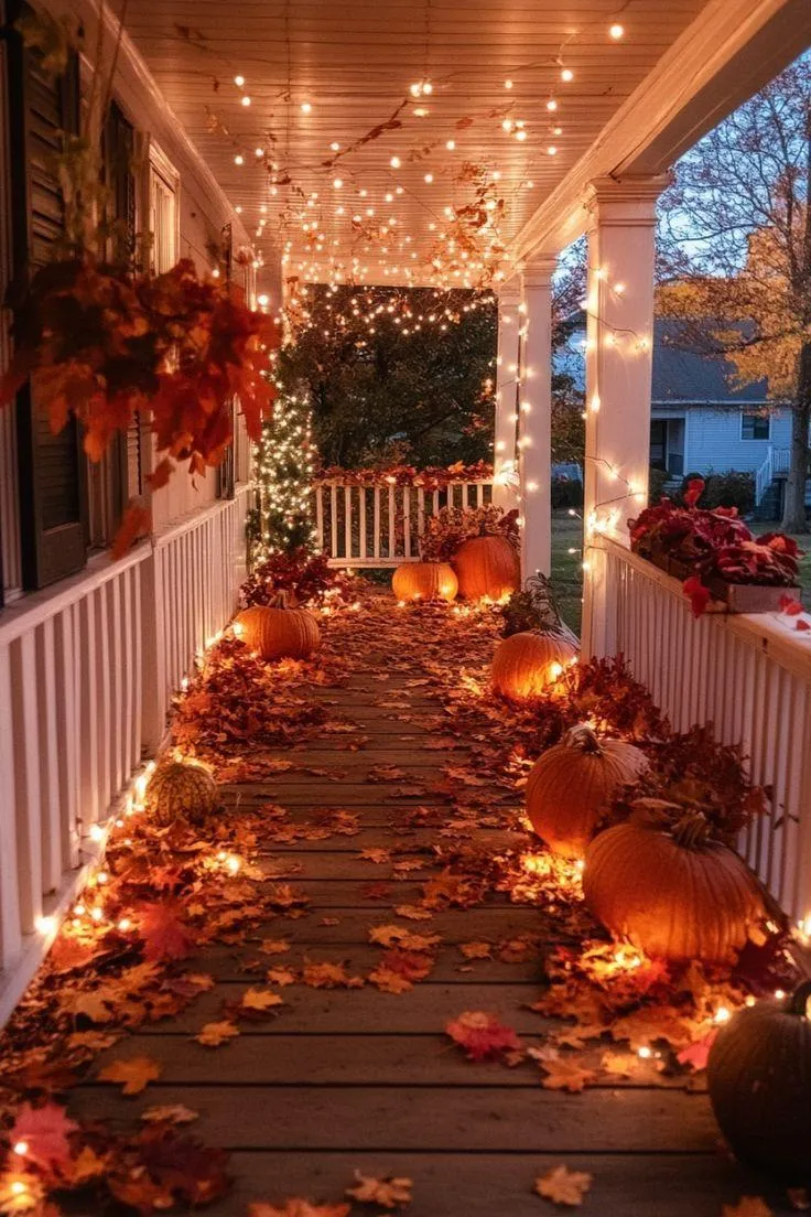 Halloween Walkway Decorated with Pumpkins and Lanterns