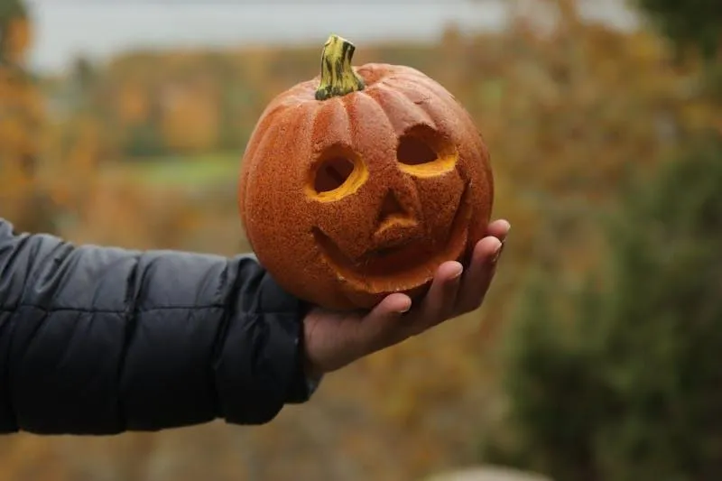 Hand Holding a Small Pumpkin with Carved Face Outdoors