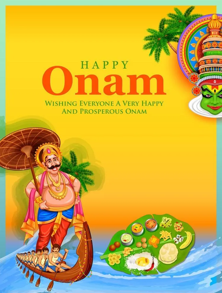 Happy Onam and Kathakali design invitation and Onam sadya