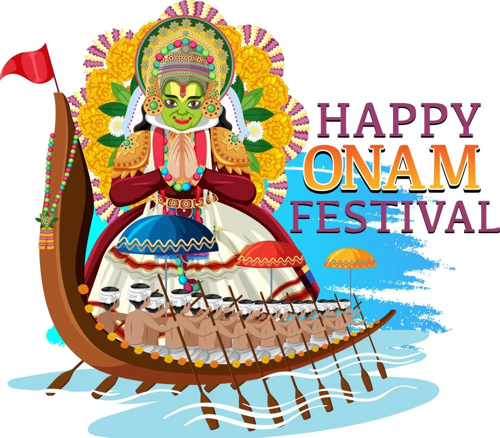 Happy onam festival and vallam kali and kathakali image