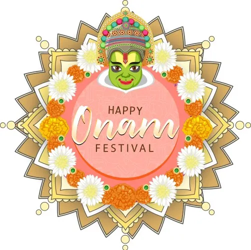 Happy Onam festival text flowers and rangoli design