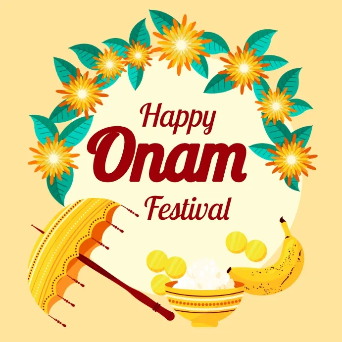 Happy Onam festival text in the flowers and leaves design