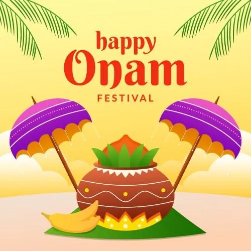 Happy Onam festival text with wooden umbrella design