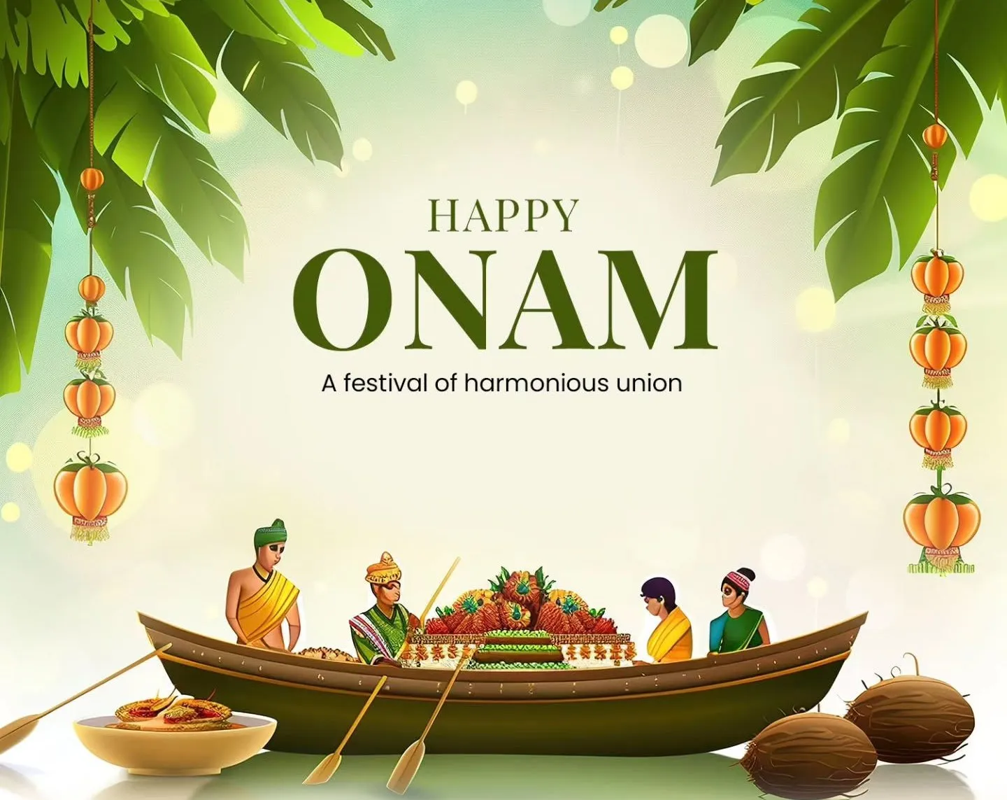 Happy Onam festival with a vallam kali image with flowers