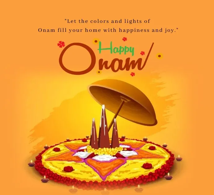 Happy Onam text and athapookolam and wooden umbrella