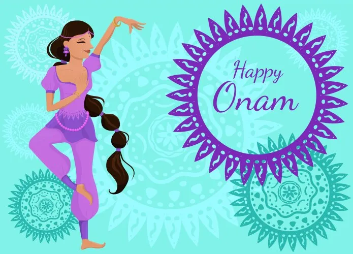 Happy Onam text and classic dance with girl image