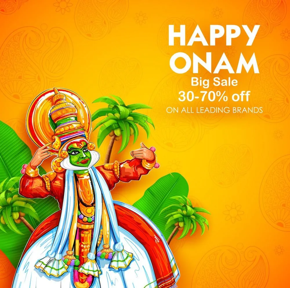 Happy Onam text and Kathakali dance design in Poster