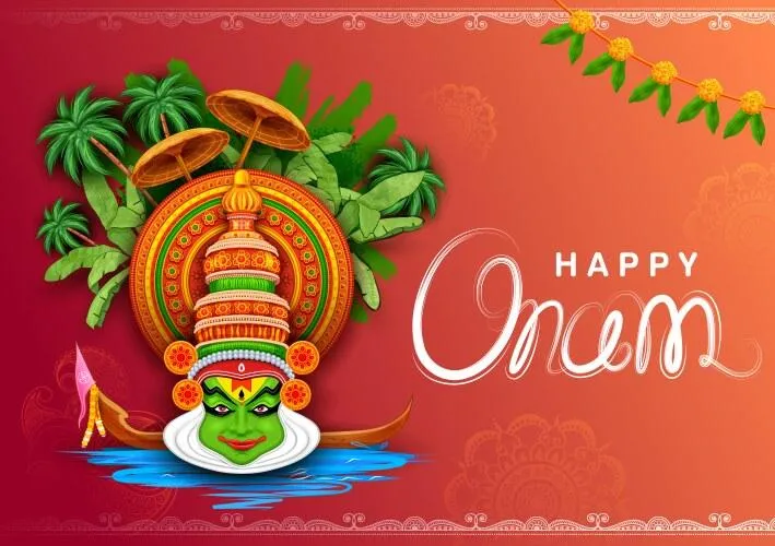 Happy Onam text and Kathakali image and flower Wallpaper