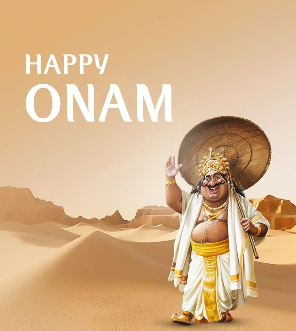 Happy Onam text and king of Mahabali Onam invitation