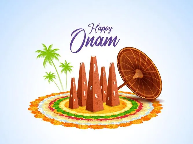 Happy Onam text and Thrikkakarappan and Wooden Umbrella