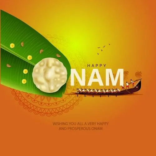 Happy Onam text and vallam kail and rangoli design