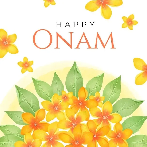 Happy Onam text and yellow flower design invitation