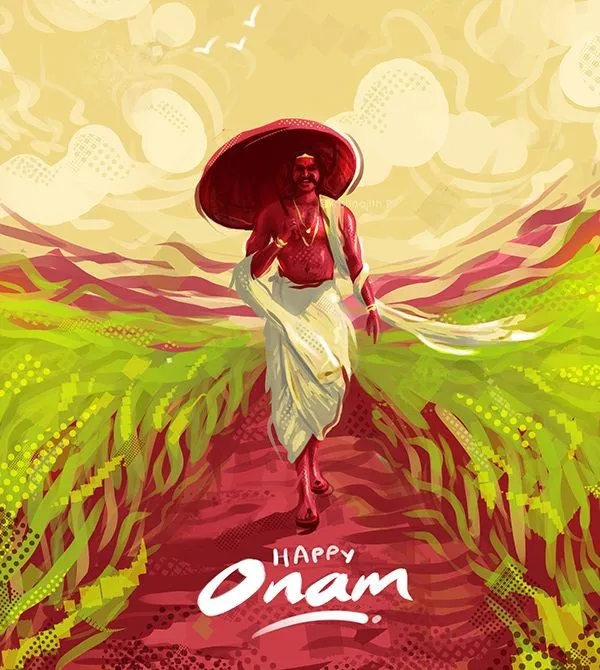 Happy Onam text in a natural place and the king of Mahabali