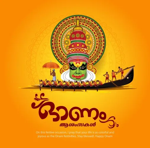 Happy Onam text in Malayalam and a Kathakali image poster