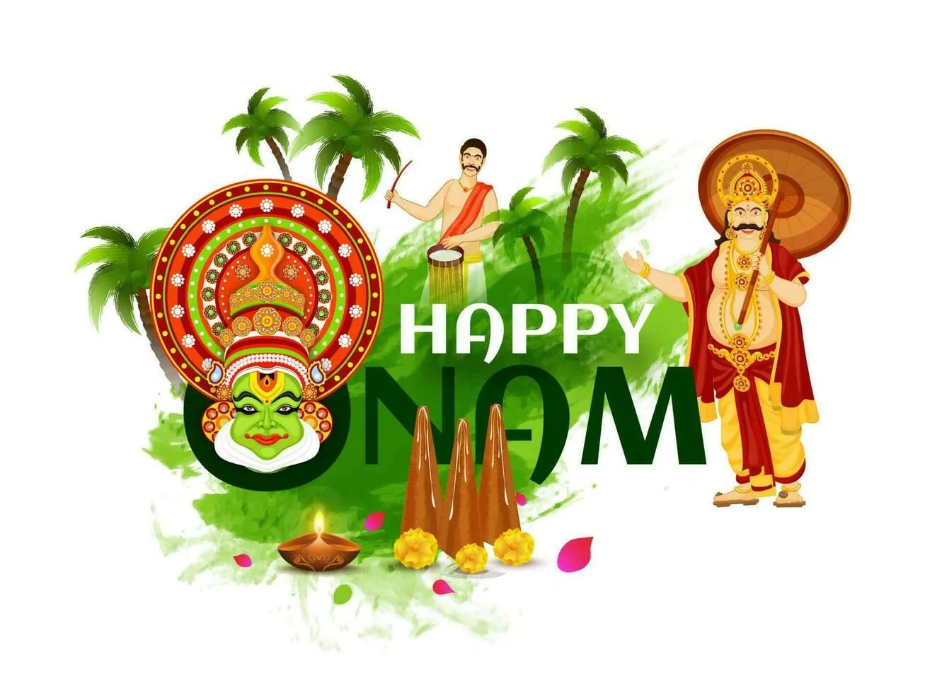 Happy Onam text in O with a Kathakali face and lamp design