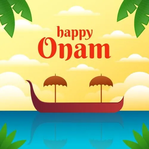 Happy Onam text in red colour and a Vallam Kali pictur