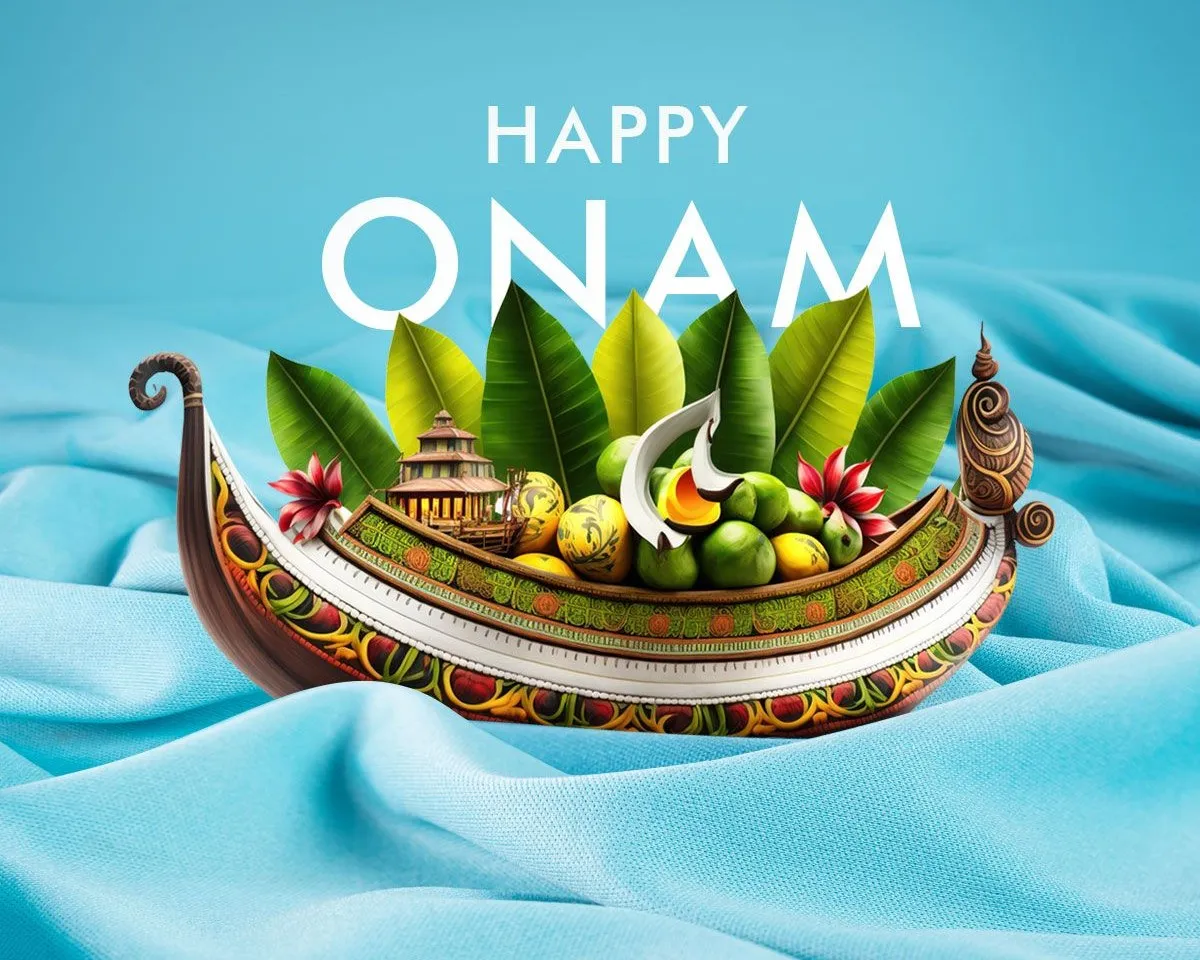 Happy Onam text in white colour and boat design poster