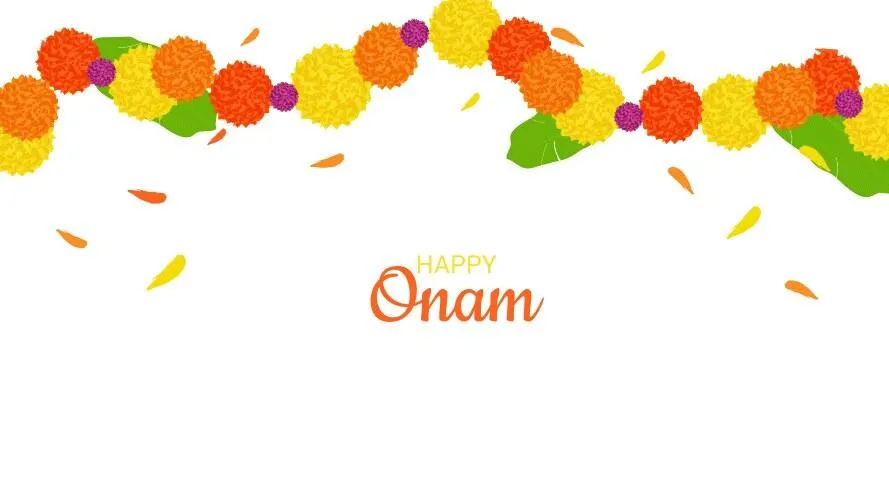 Happy Onam text in yellow with orange colour and flowers